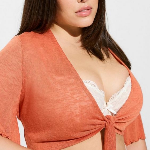 🔹Slub Shrug 3/4 Sleeve Tie Front Sweater - Picture 3 of 6